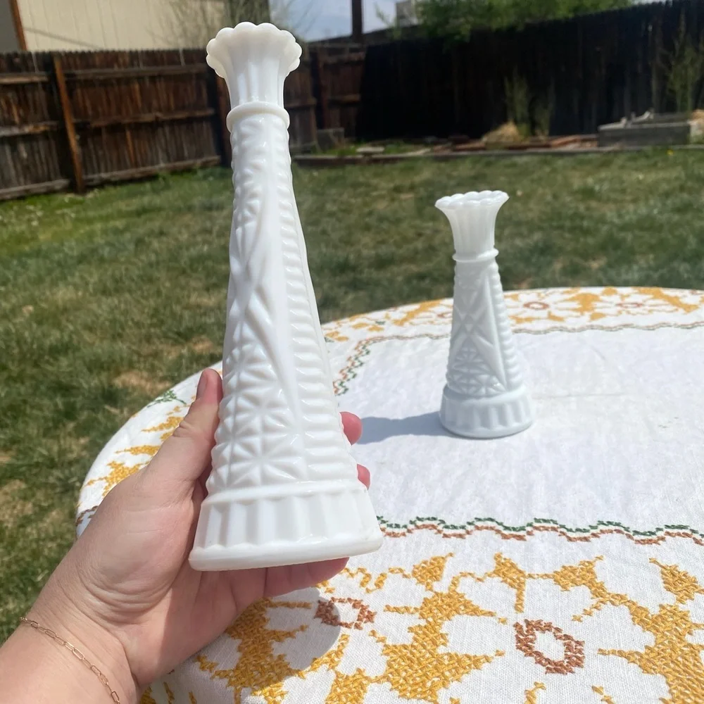 Vintage milk glass bud vase set of two